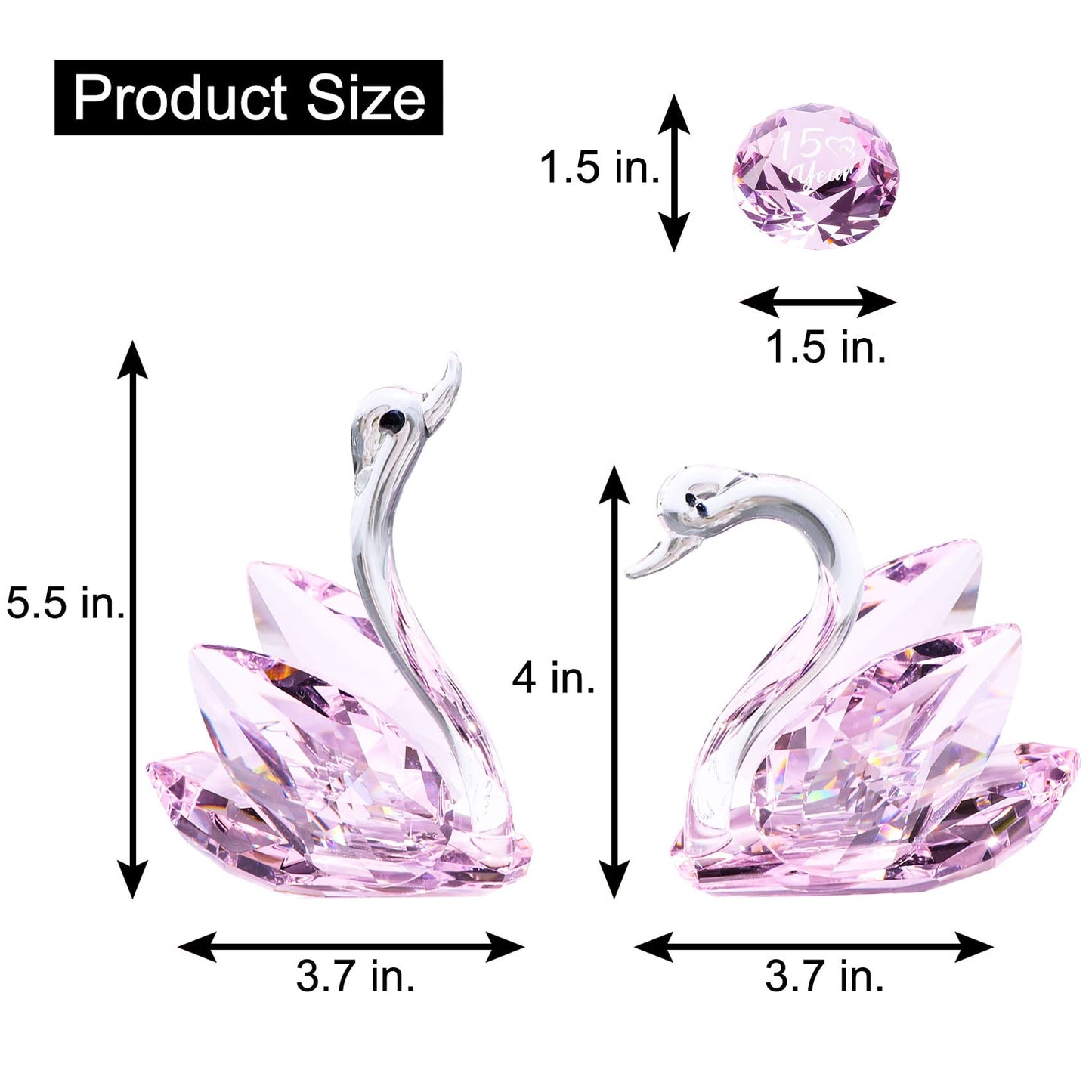 YWHL 15th Anniversary Crystal Swan Gifts for Couple, 15 Year Wedding Anniversary for Her Him, Swan Figurine with Pink Diamond, Valentines Day Present Romantic Birthday Gift for Wife Husband (Pink)