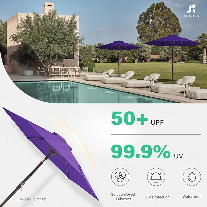 JEAREY 7.5FT Patio Umbrella Market Table Umbrella with 6 Sturdy Ribs, Push Button Tilt/Crank Outdoor Umbrella for Garden, Deck, Backyard, Pool and Beach,Dark Purple