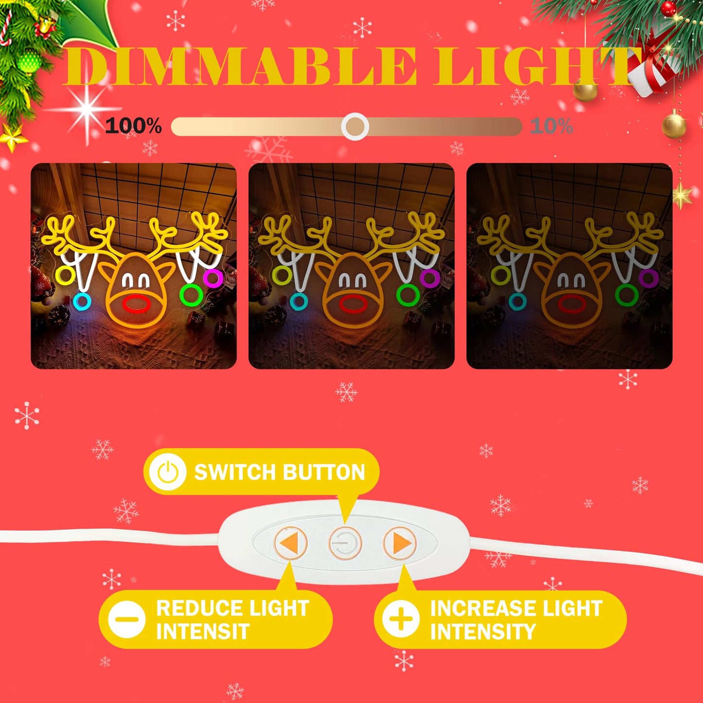 Christmas Reindeer Neon Sign Dimmable Elk Neon Light Sign for Wall Decor Christmas Neon Window Lights, Deer Neon Sign for Bedroom Living Room LED Reindeer Christ-mas Party Decoration