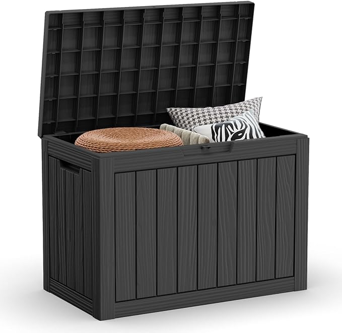 DRATO 45 Gallon Deck Box, Outdoor Storage Box for Patio Furniture, Patio Cushions, Gardening Tools, Pool Supplies 480lbs Weight Capacity,Waterproof Resin Storage Boxes（Black，45 Gallon）