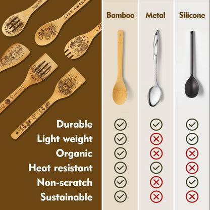 Skull Engraved Bamboo Spoons Cooking Set - 6 Pcs Goth Kitchen Tools, Unique Gifts for Women Dark Aesthetic Lovers, Edgy Home Decor for Halloween Housewarming Birthday Alternative Style