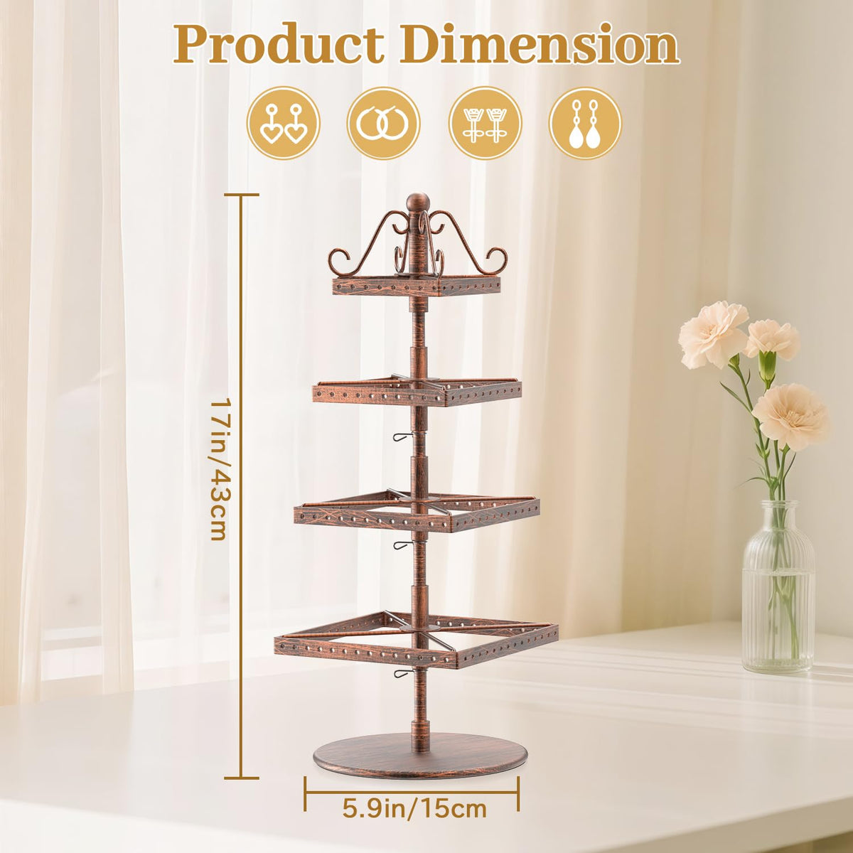 MODOWEY Rotating Earring Holder Organizer Stand, 4 Tier Adjustable Metal Display Tree, 176 Holes Earing Rack for Pierced Stud Dangle Hoop Storage, Space-Saving Jewelry Hanger Tower for Women, Bronze