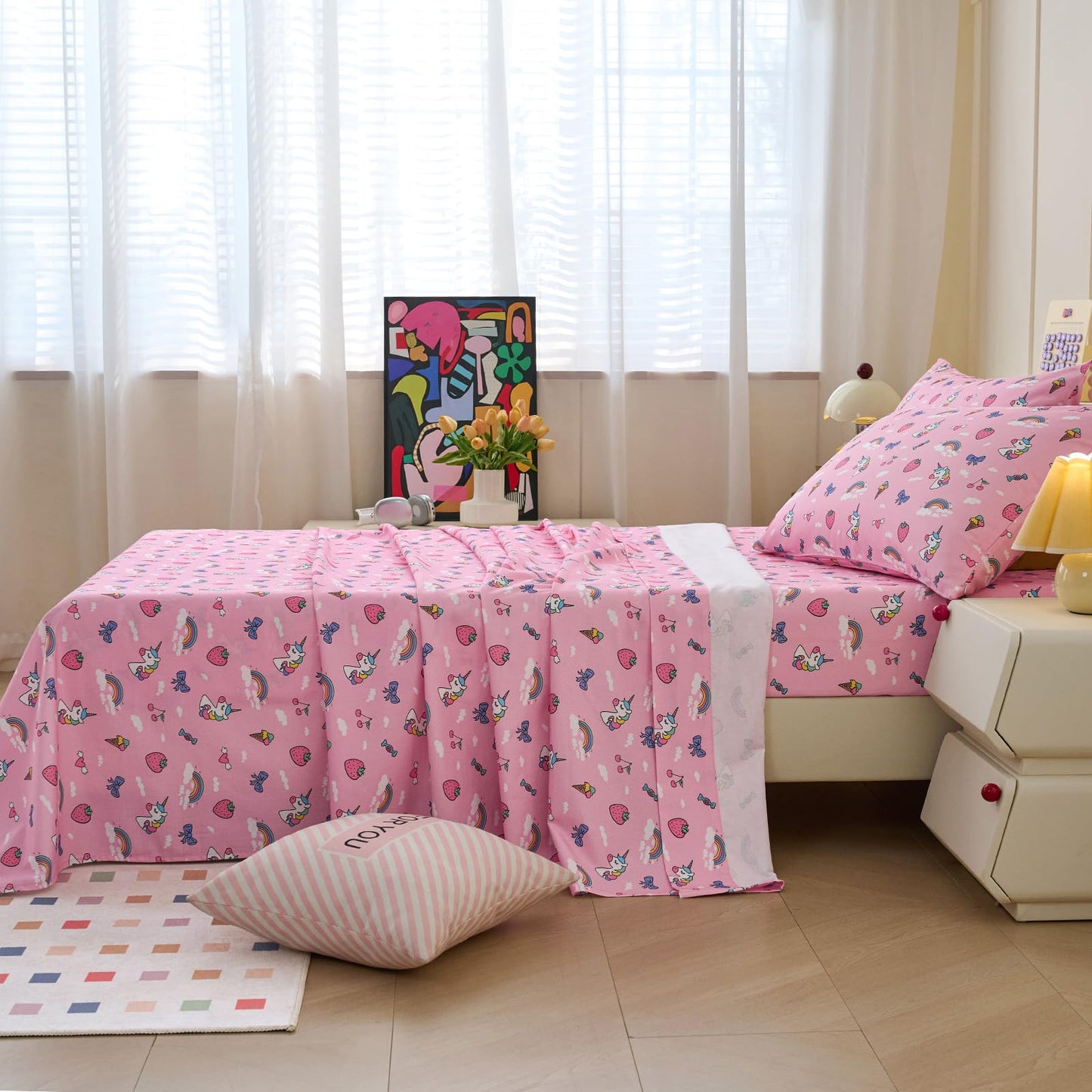 YIYEA 100% Cotton Kids Sheets, Ultra Soft Cozy Cute Bed Sheets Set for Girls, Boys, Teens, 16" Deep Pocket, 3PC, Twin