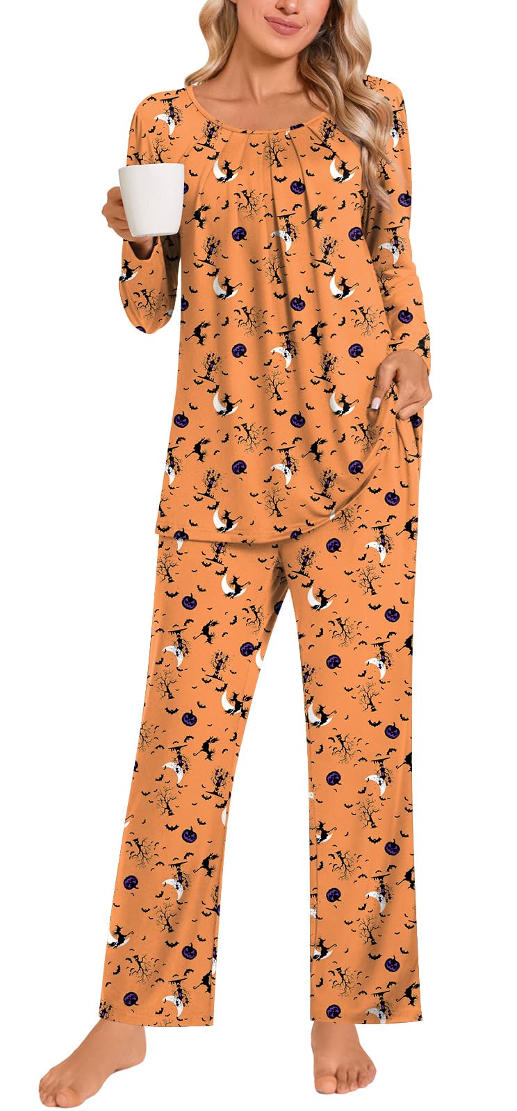 Anymeet Soft Fall Long Pajama Set Sleeve Two Piece for Women Fit Lounge Sleepwear Ladies Pjs Sets Yellow Halloween Elements Plus Size 3X-Large