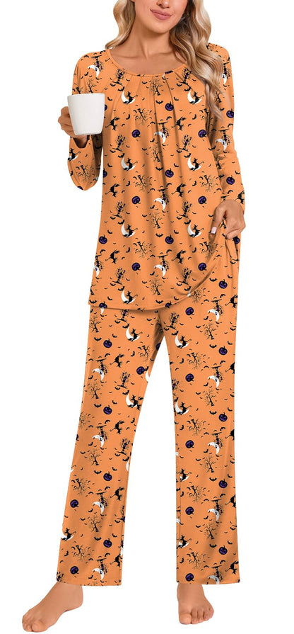 Anymeet Soft Fall Long Pajama Set Sleeve Two Piece for Women Fit Lounge Sleepwear Ladies Pjs Sets Yellow Halloween Elements Plus Size 3X-Large