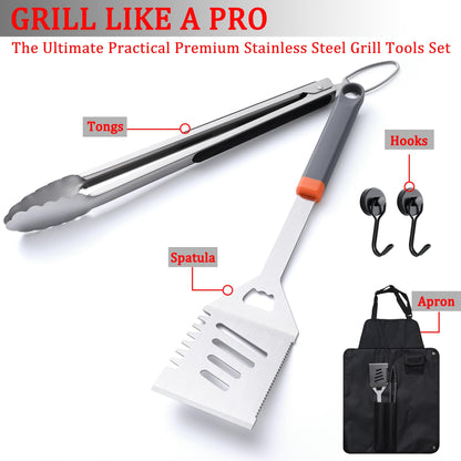 5PCS Grill Tools Set, BBQ Grilling Accessories with Spatula Tongs Apron Hooks, Portable Grill Utensils Set, Stainless Steel Grilling Tools Kit, Camping Tailgating Gifts for Men Dad