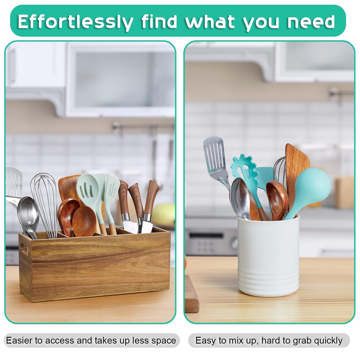 ALELION Acacia Wood Utensil Holder with Removable Divider - 4 Compartment Wooden Utensil Caddy Organizer for Kitchen Counter - Cooking Utensil Crock for Countertop