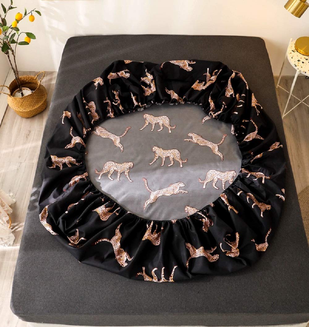 NATURETY Bedding Fitted Sheet with Deep Pocket Mattress Cover Sheets,Leo Animals Printed Fabric Bed Sheets (Black Gold, Queen)