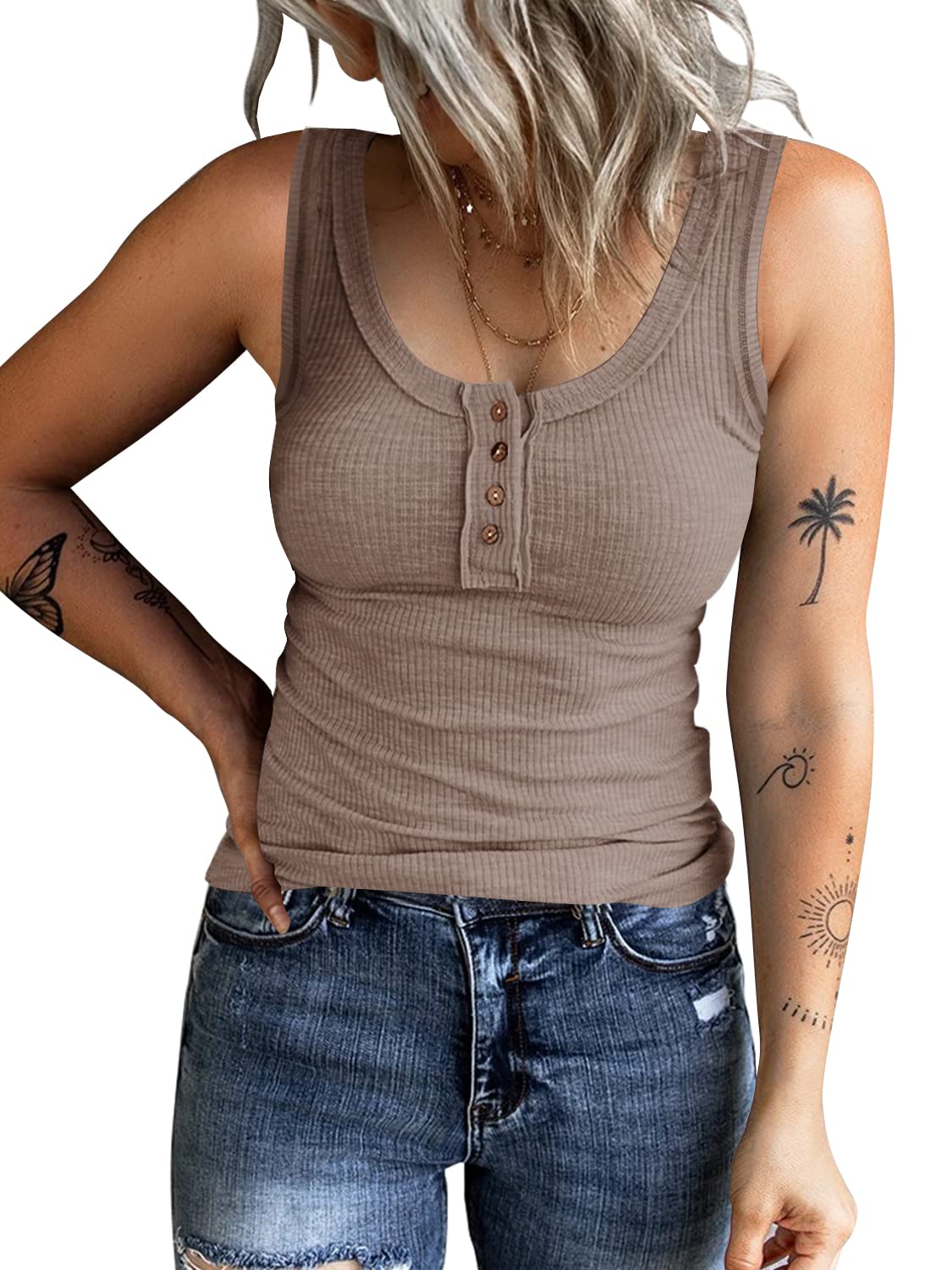KINLONSAIR Women's Sleeveless Henley Tank Tops Ribbed V Neck Button Down T Shirts Summer Slim Fit Tee Tops Coffee