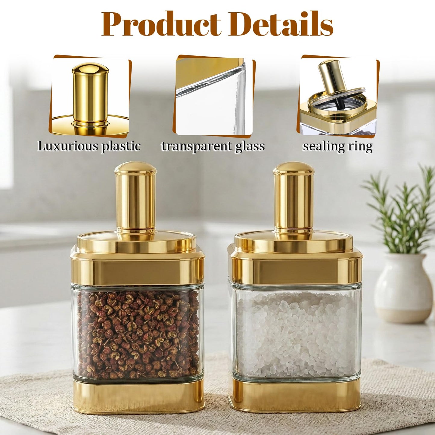 KongTiva 2 Pcs Glass Condiment Pot, Gold Spice Jars with Lids and Spoons Glass Condiment Containers Seasoning Pot Set Salt Box Sugar Dispenser for Kitchen Dining Room Counter Flour Sugar