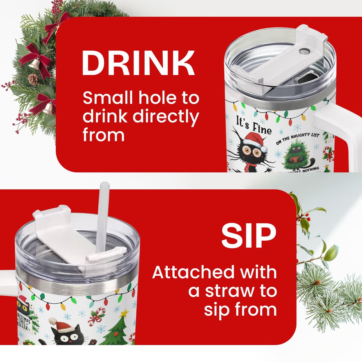 34HD 40oz Funny Christmas Cat Tumbler with Handle – Black Cat Gift, Holiday Travel Mug with Lid & Straw