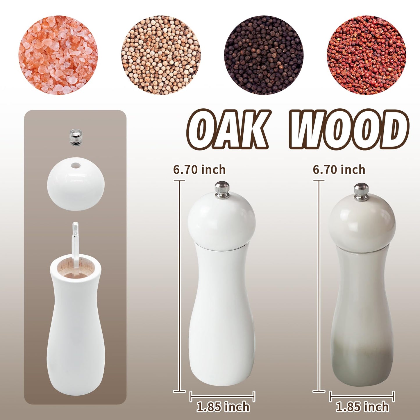 SHIKORI Manual Wooden Salt and Pepper Mills Shakers, 6.5 inch Salt and Pepper Grinders Set,Ceramic Rotor with Strong Adjustable Coarseness-White-2Pcs