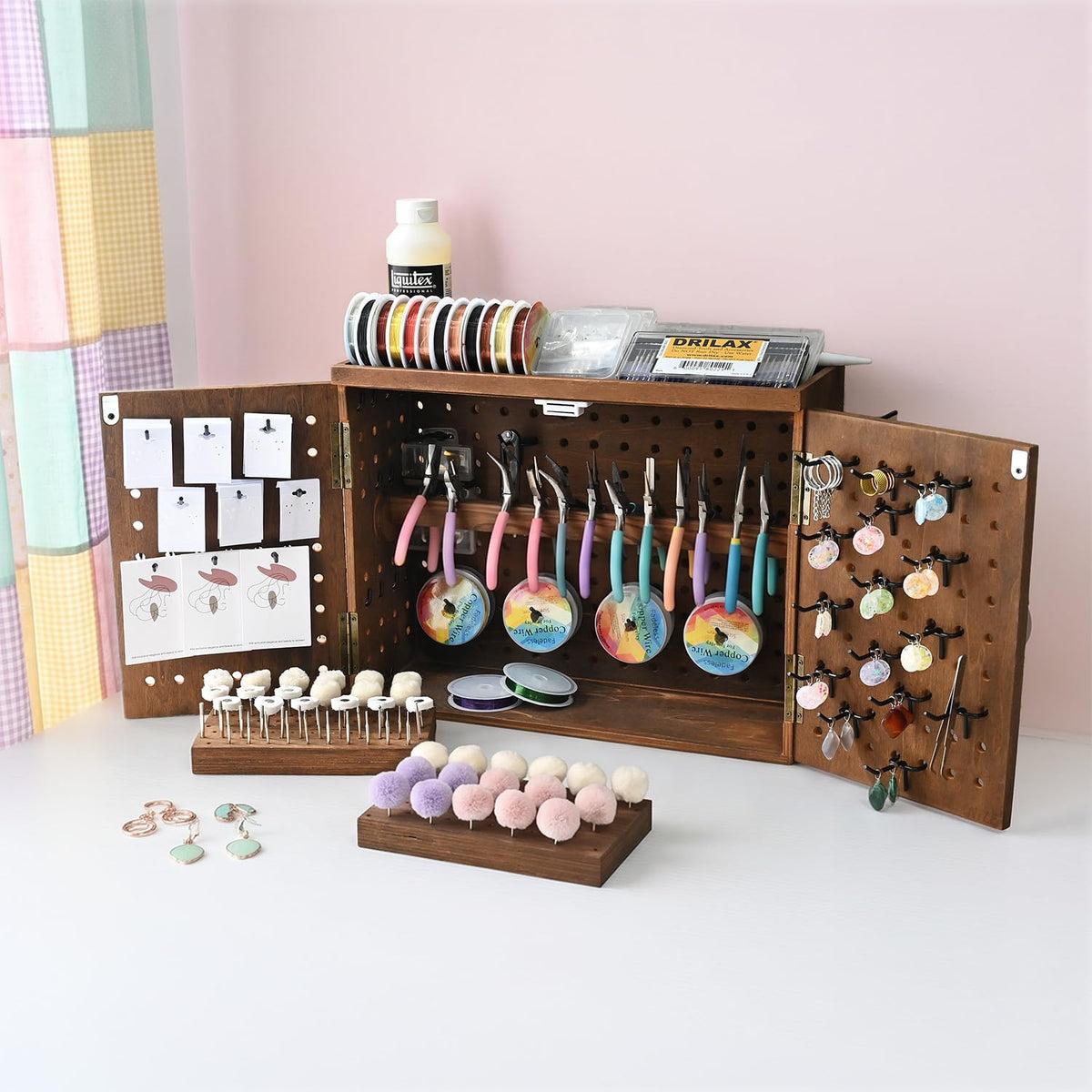 Ikee Design Wooden Pegboard Tool Organizer Box with Doors Wall Mount or Benchtop Jewelry Tool Storage with 40 Hooks & Bur Holders, Workshop Garage Craft Organizer Cabinet, Brown