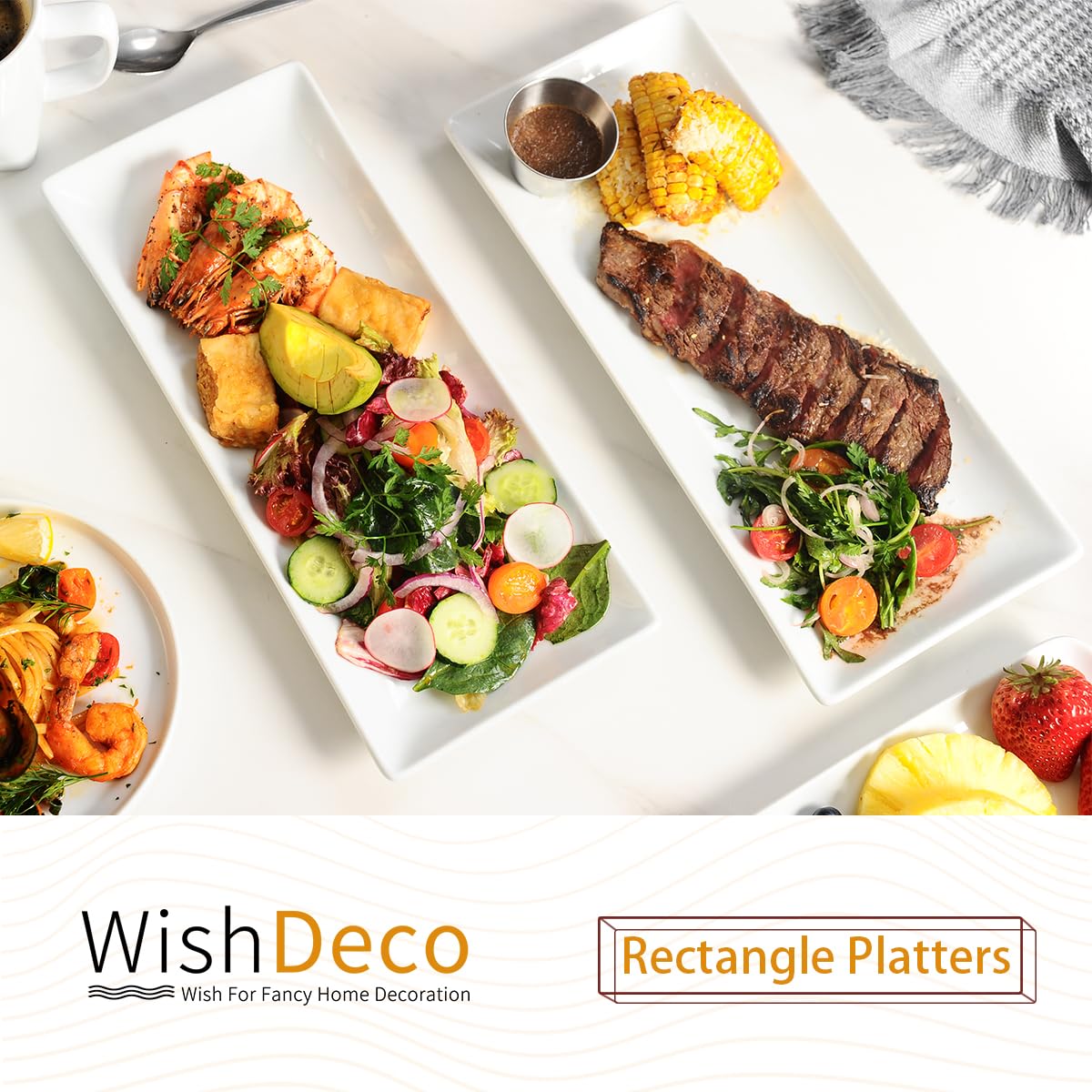 WishDeco Serving Platters Set of 3, Large Serving Trays 14 inch, White Serving Plates, Ceramic Rectangle Plate, Long Platter for Cake, Sushi, Steak, Dessert, Buffet