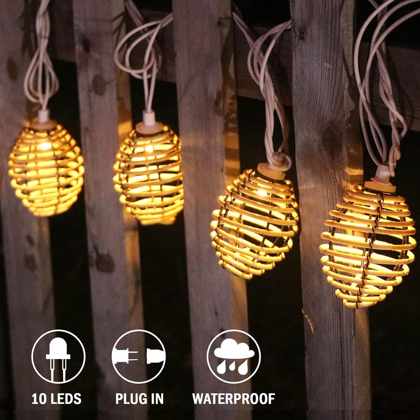 Vigdur Rattan Ball String Lights - 10FT Lantern String Lights Plug in with 10 Led Bulbs, Decorative String Light for Indoor Outdoor Balcony Patio Garden Wedding Bedroom Decor