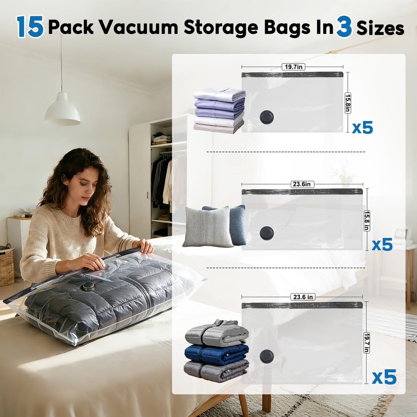 Mapambo Travel Vacuum Bags with -60000Pa LED Electric Pump, 15 Pack Vacuum Seal Bags for Clothing Travel in 3 Combo sizes, Space Saver Vacuum Storage Bags, Saving up to 80% of Space (15 Combo)