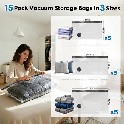 Mapambo Travel Vacuum Bags with -60000Pa LED Electric Pump, 15 Pack Vacuum Seal Bags for Clothing Travel in 3 Combo sizes, Space Saver Vacuum Storage Bags, Saving up to 80% of Space (15 Combo)