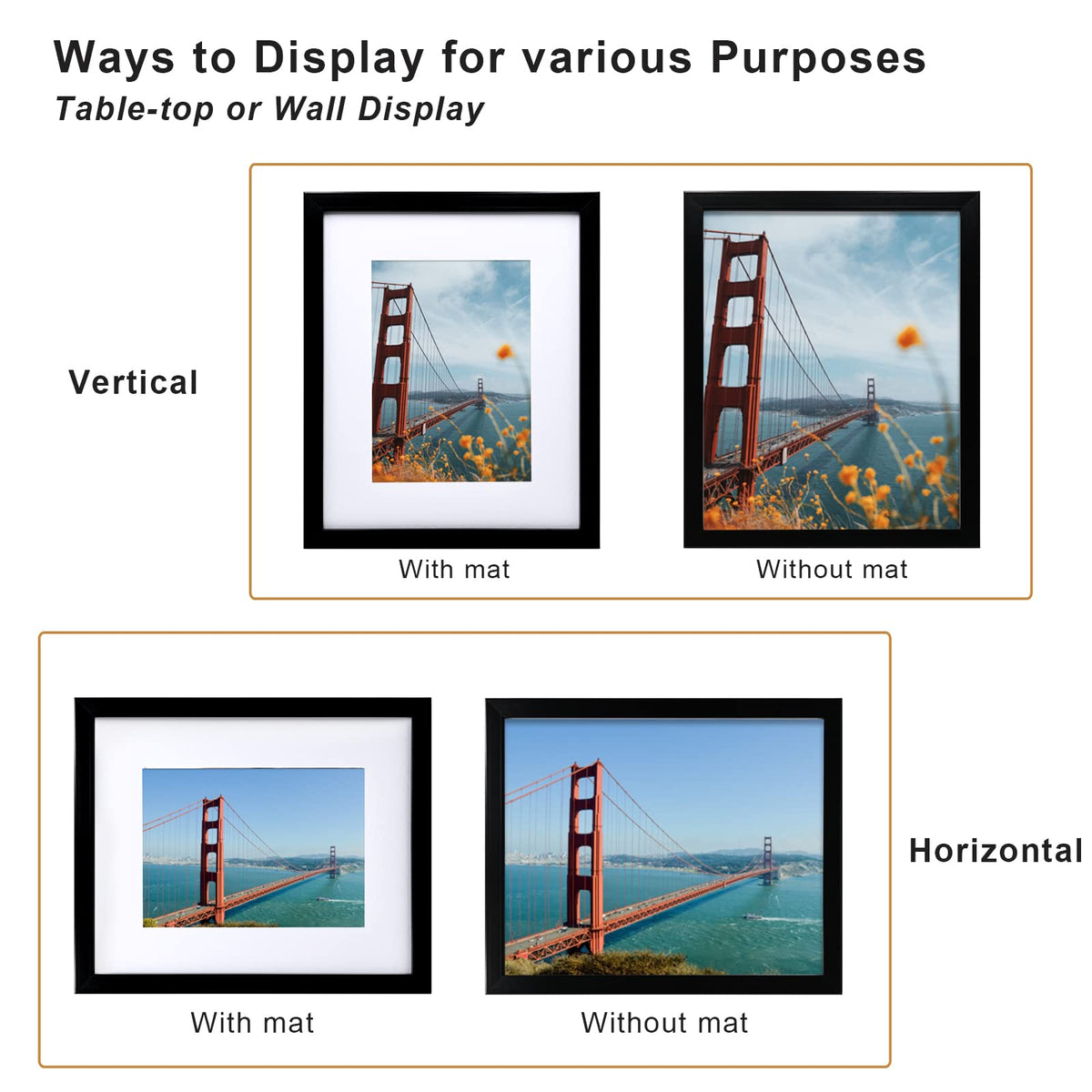 KINLINK 8x10 Picture Frame Black Set of 6, Wooden Photo Frames Matted 5x7 with Plexiglass for 5x7 with Mat or 8x10 without Mat for Table and Wall Display