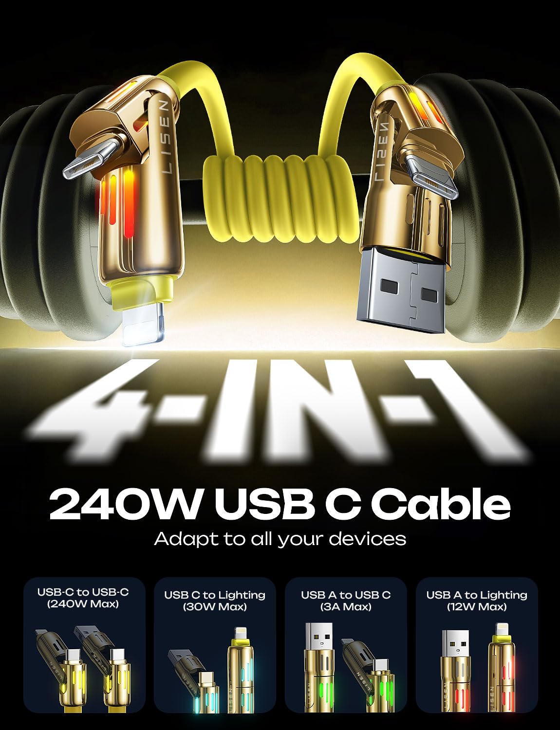 LISEN USB C to Lightning Cable, 240W 4 in 1 Charging Cable 6.6FT, Chubby USB A/C to C/Lightning with Light for iPhone Air 17 16 15 14 Pro/MacBook/iPad/Samsung/Switch 2, Multi Chargers for All Devices