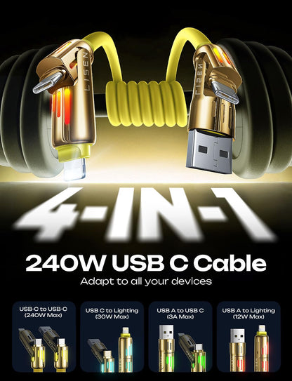 LISEN USB C to Lightning Cable, 240W 4 in 1 Charging Cable 6.6FT, Chubby USB A/C to C/Lightning with Light for iPhone Air 17 16 15 14 Pro/MacBook/iPad/Samsung/Switch 2, Multi Chargers for All Devices