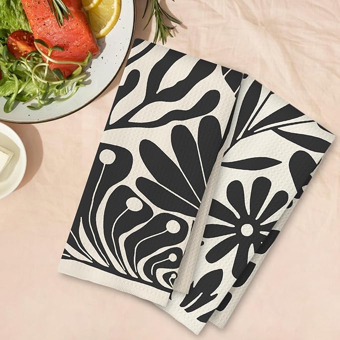 Abstract Boho Neutral Floral Kitchen Towels Set of 2, 70s Retro Groovy Beige