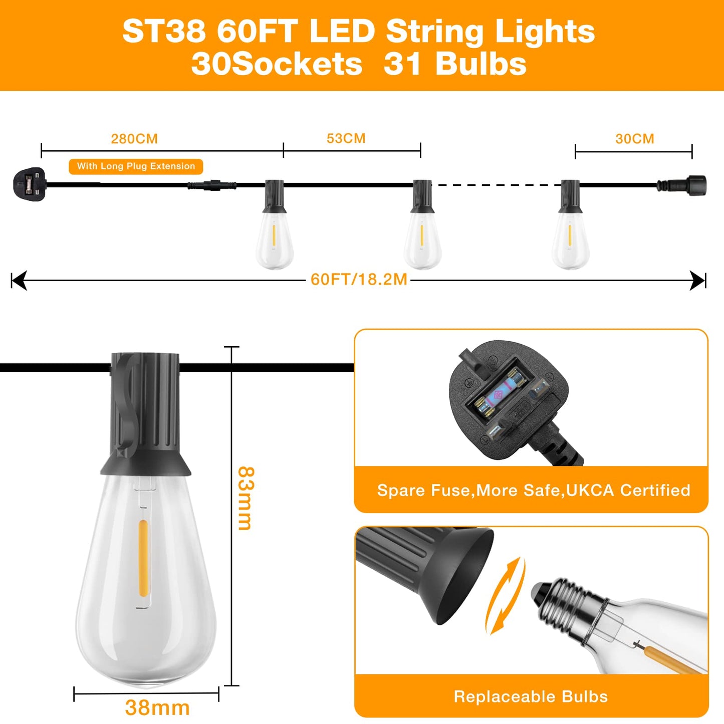 GLUROO Festoon Lights Outdoor 60FT, String Lights Mains Powered Waterproof with 31Pcs ST38 Plastic LED Bulbs, 2200K Warm White Garden Patio String Lights for Party Décor Wedding