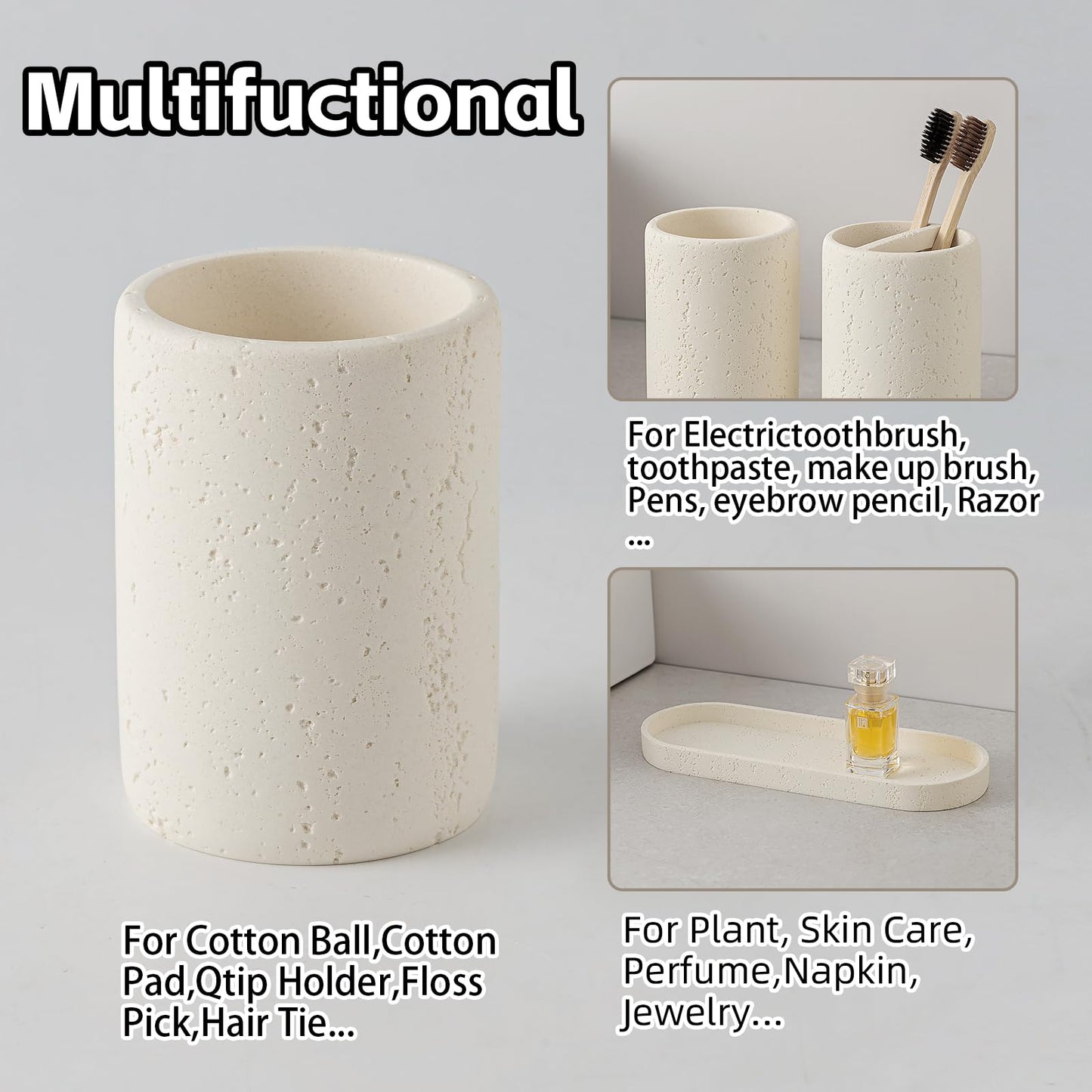 WUUAHOME Bathroom Accessories Set, 4 Piece Travertine Stone Look Collection, Modern Bath Organizer with Soap Dispenser, Toothbrush Holder, Tumbler, Vanity Tray for Countertop Kitchen Sink (Off White)