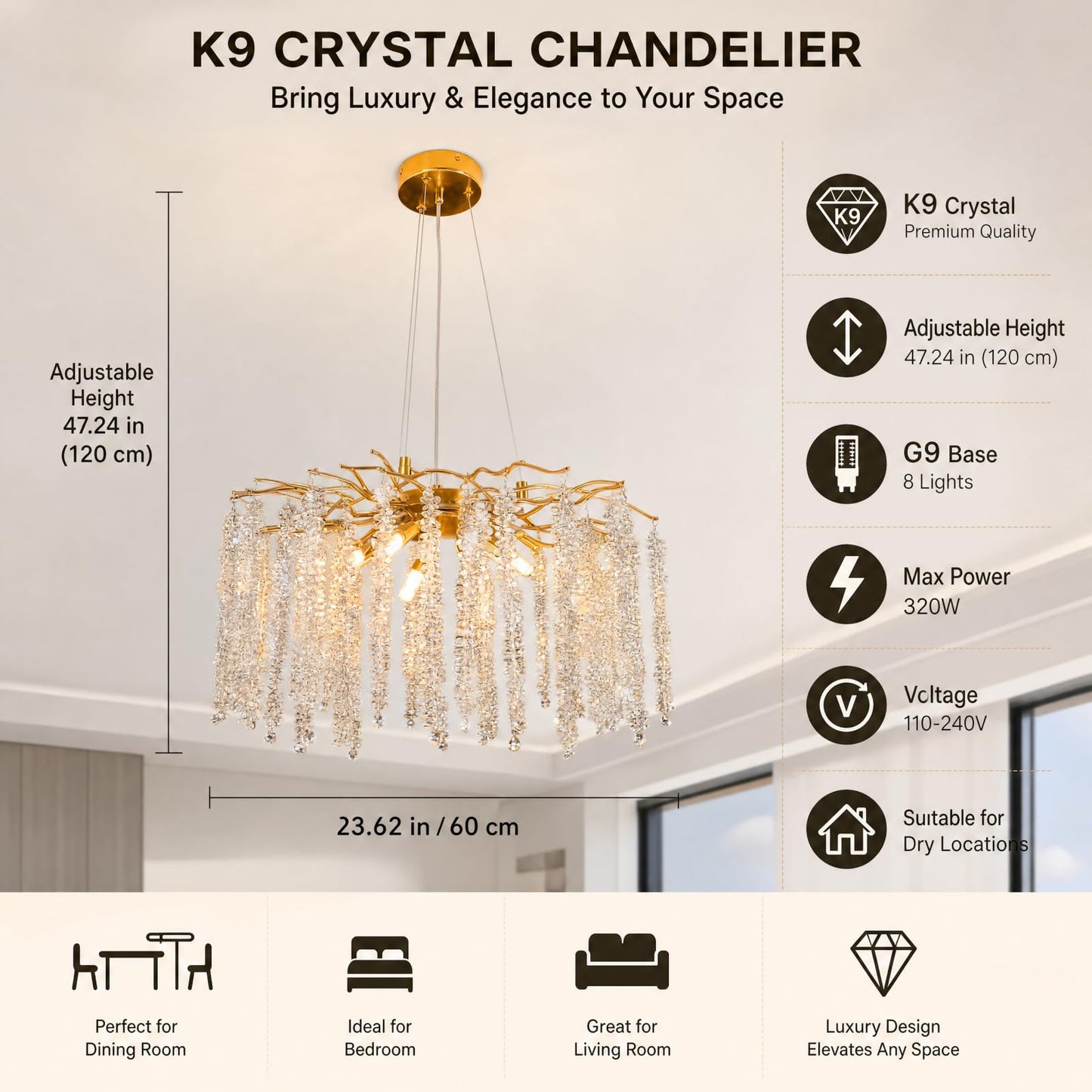 AKDXIRUN Gold Crystal Tree Branch Chandelier, 8-Light Modern Raindrop Pendant Light Fixture with Adjustable Chain & Dimmable, Luxury Unique Ceiling Light for Dining Room Living Room Bedroom, W24in