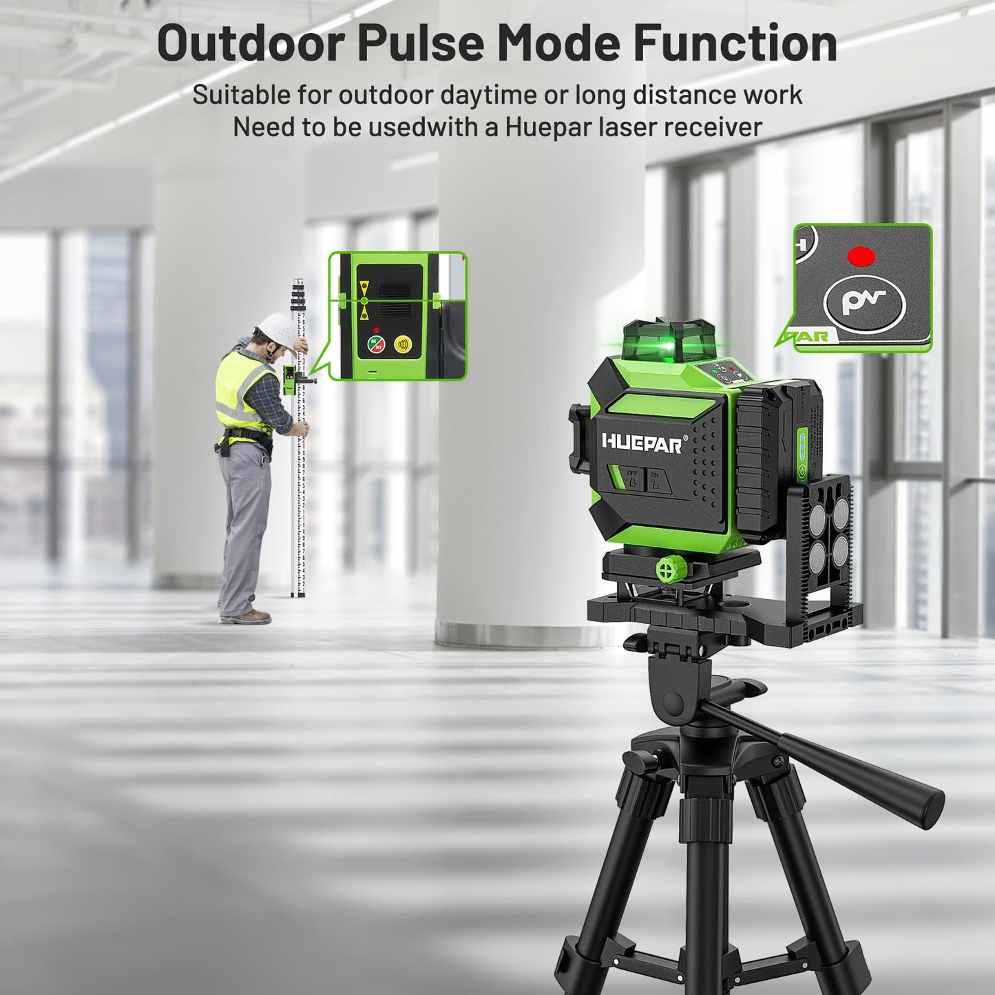 Huepar 4 x 360 Laser Level Self-leveling 4D Green Beam Cross Line 16 Lines Tiling Floor Laser Tool - 2 x 360 Horizontal/Vertical Laser Lines -rechargeable & Integrated Magnetic Bracket 704CG