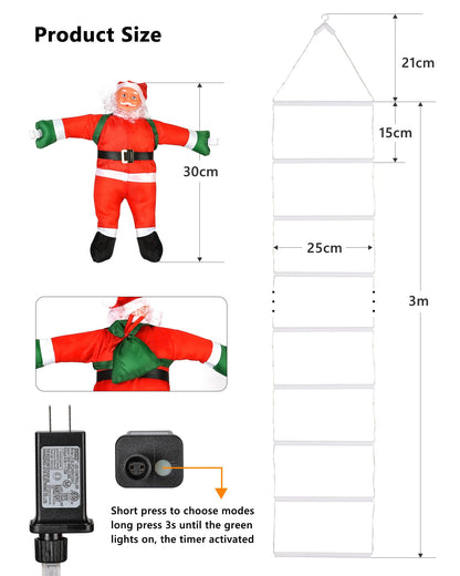 Toodour LED Christmas Lights - 10ft Christmas Decorative Ladder Lights with Santa Claus, Xmas Decorations Light for Indoor Outdoor, Window, Garden, Home, Wall, Xmas Tree Decor - Red & Green