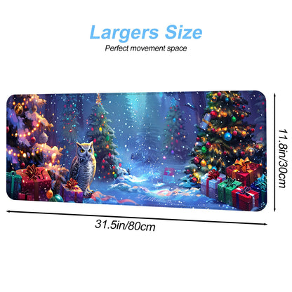 Christmas Owl Mouse Pad XXL – Large Holiday Desk Mat with Forest Gifts and Snow Lights, Extended Non-Slip Mousepad for Office, Gaming, Home Setup, 31.5 x 11.8 in