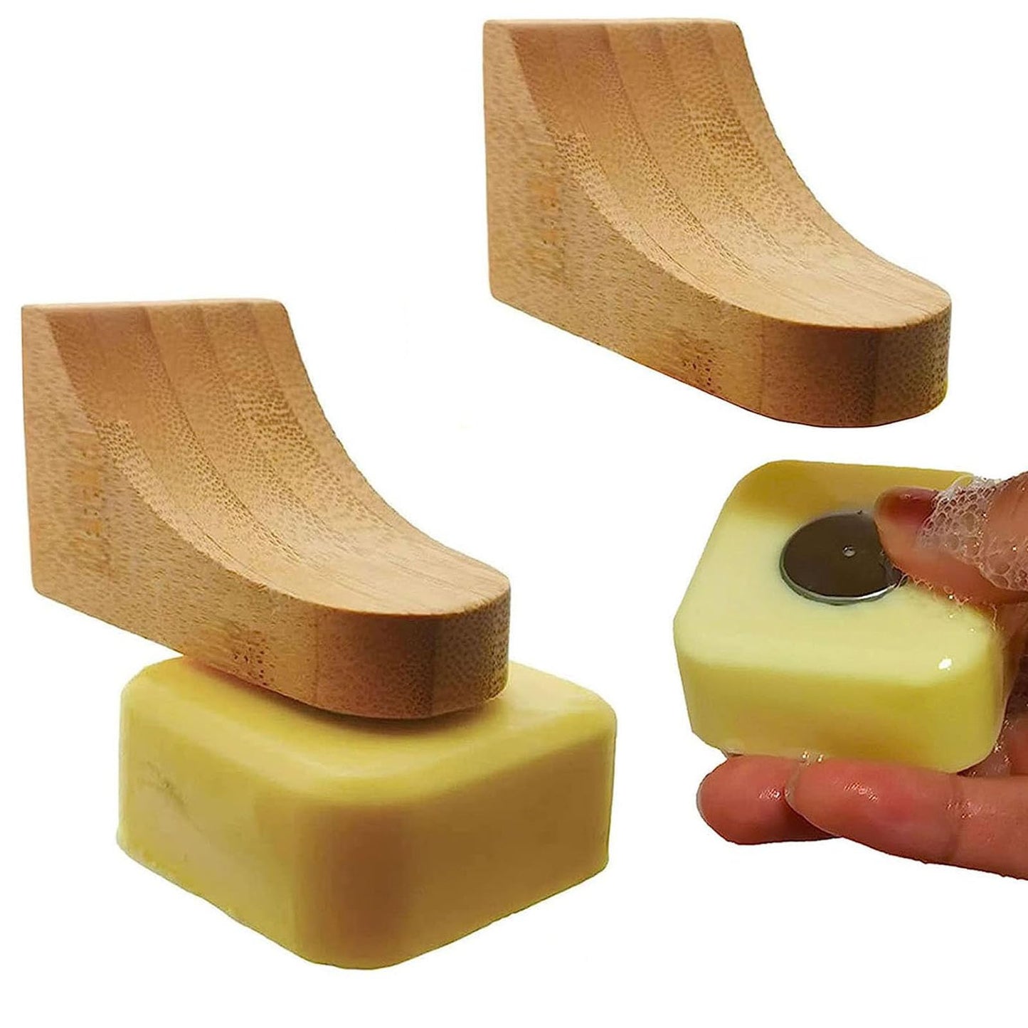 (2Sets)Bamboo Magnetic Bar Soap Holder For Shower Wall,Magnet Soap Saver For Bar Soaps Self Draining,Shower Storage for Soaps & Beard Shampoo Bars -No More Soggy Soaps,Soap Dish Dispenser Bath Kitchen