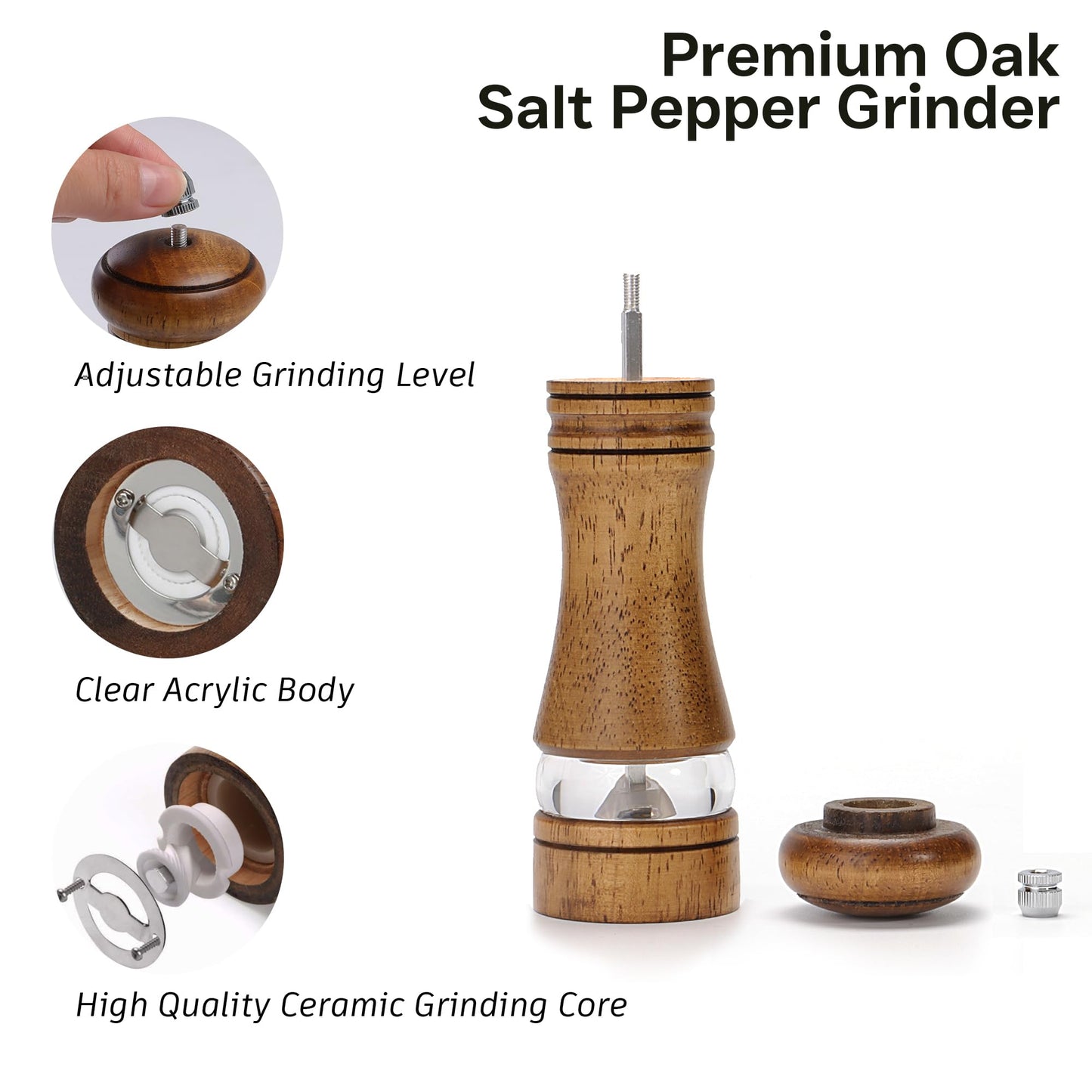 M JINGMEI Wooden Salt and Pepper Grinder Set, Premium Oak Wood Salt Grinders Shakers, Pepper Mill with Acrylic Clear Window, Adjustable Ceramic Grinder (6″ - 2 Packs with Tray)