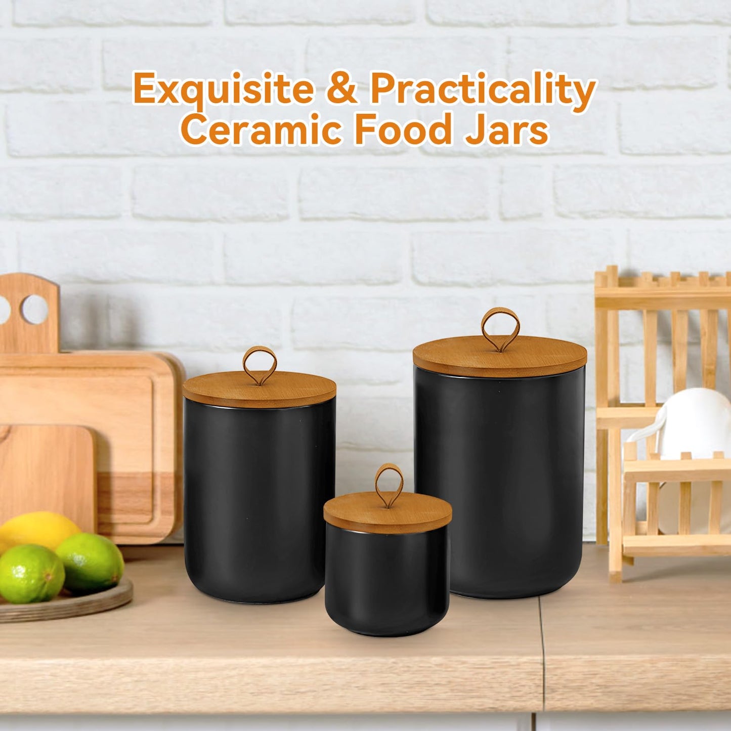 GENDLTHIJ Canister Sets for Kitchen,Ceramic Kitchen Canisters for Countertop with Airtight Wood Lids for Serving Ground Coffee, Tea, Spice, Grains, Sugar, Salt (Black Pack of 3 (8.7/27/44 Oz))