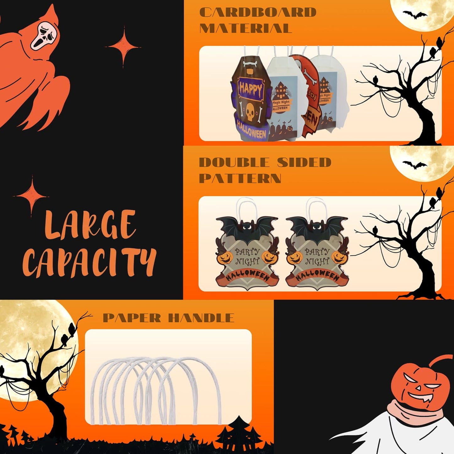 YUEZODU 16 Pcs Halloween Paper Bags with Handle, Gift Tote bags in 8 Designs for Trick or Treat Party Favors Supplies