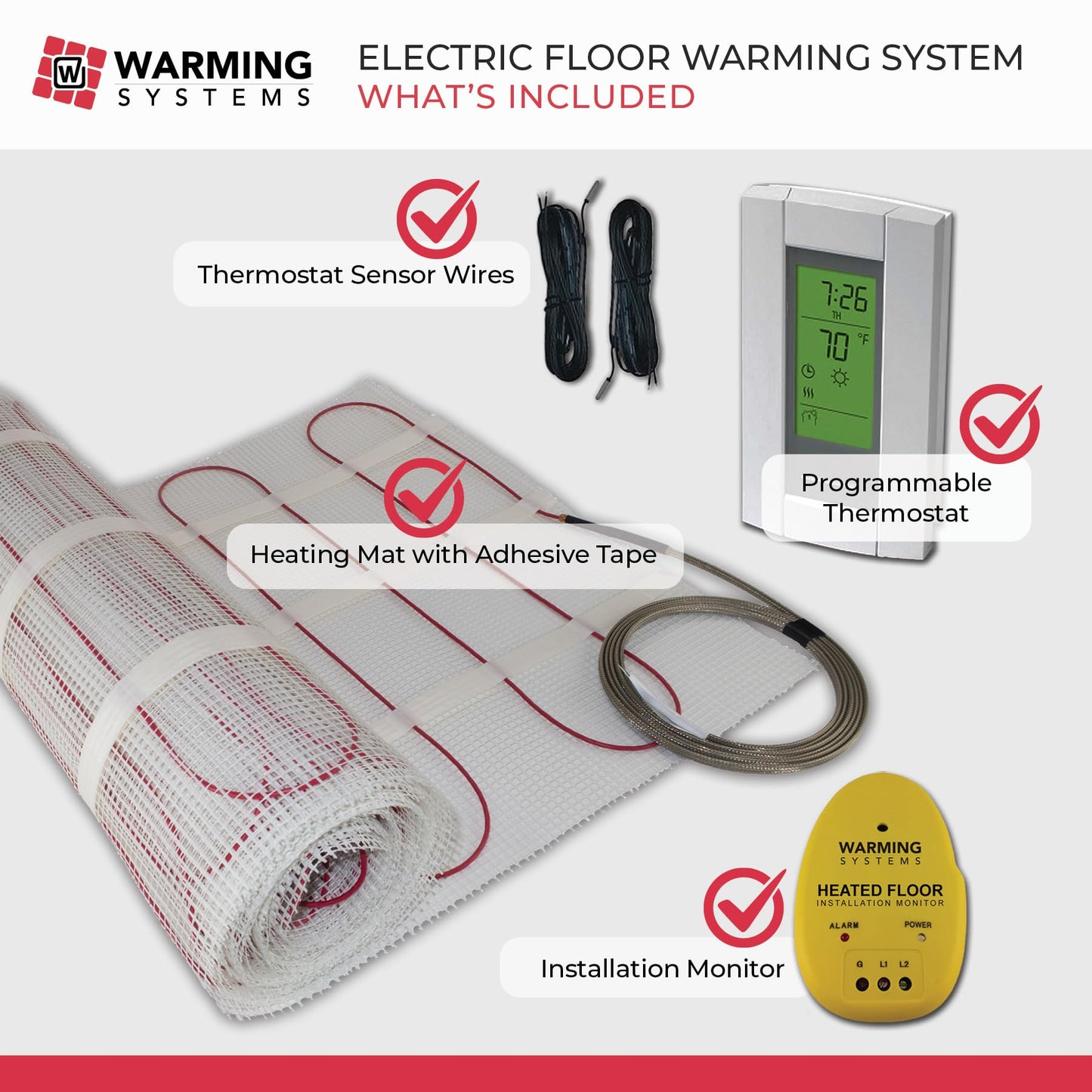 Warming Systems 80 Sqft Electric Radiant Floor Heating Mat – 120V Heated Tile Floor System with Programmable Thermostat (TH115), Floor Sensor, Installation Monitor & 25 Year Warranty, USA Made