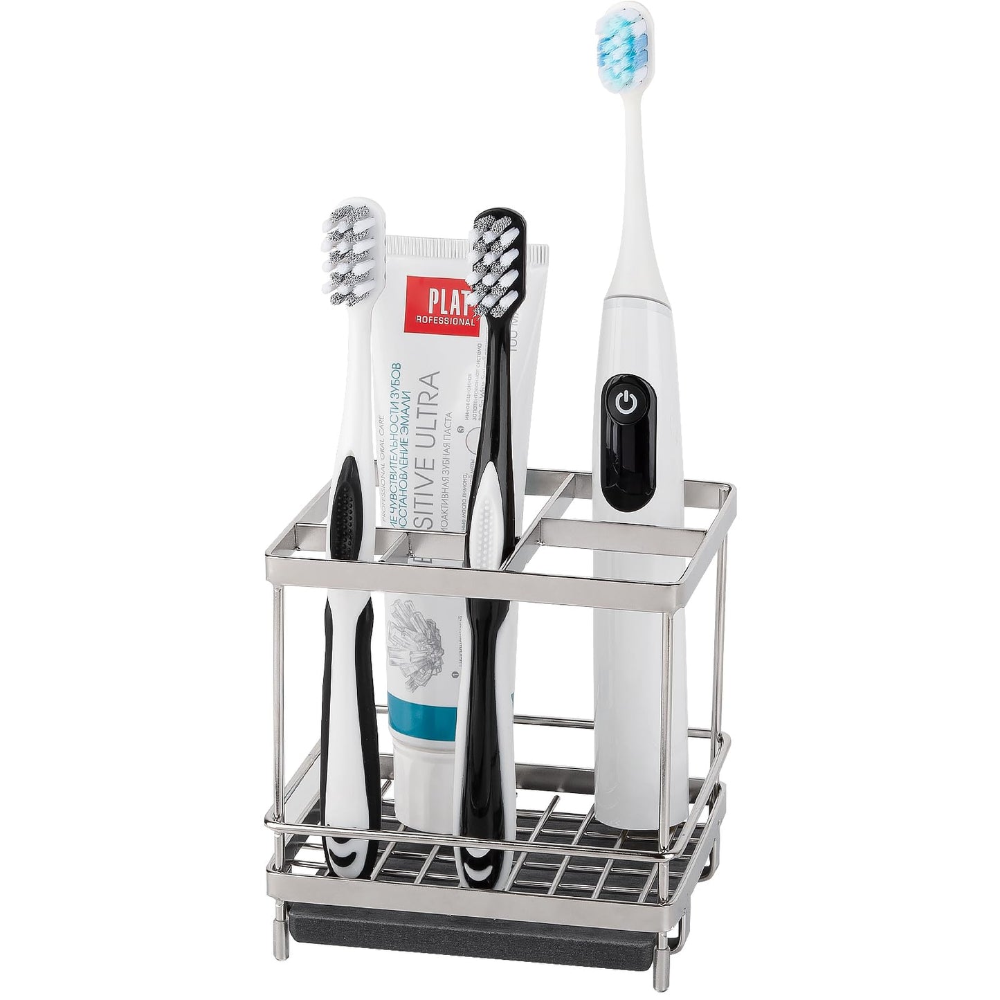 Stainless Steel Toothbrush Holders for Bathrooms, 5 Slots Kids Electric Tooth Brush and Toothpaste Organizer for Countertop, Shower, Vanity, Sliver
