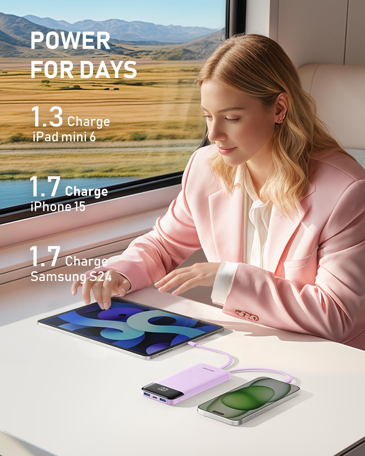 charmast Portable Charger with Built in Cables, 10000mAh Slim Power Bank, 15W USB C in&Out Port High Speed Charging External Charger, Battery Pack Compatible with iPhone 16 15 13 Samsung Google iPad
