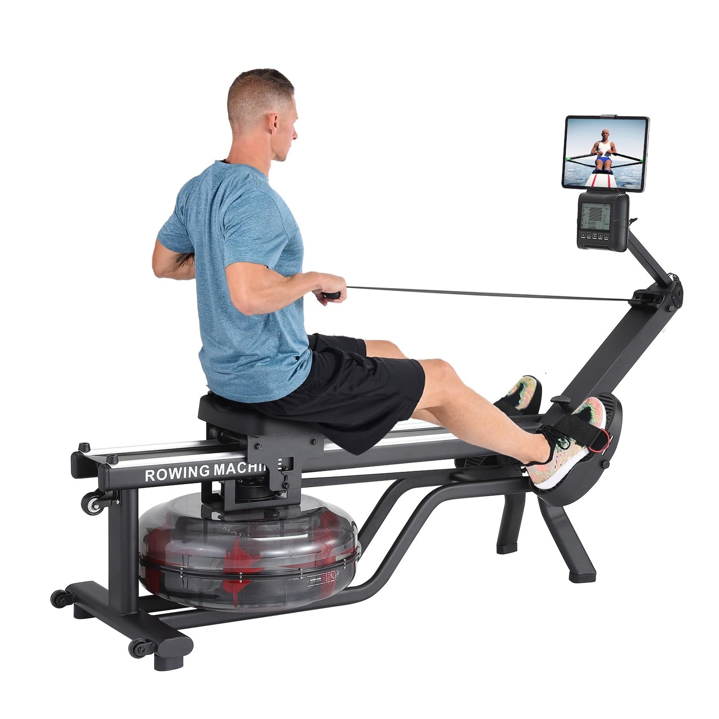 GarveeHome Water Rowing Machines for Home, 380 Lbs Capacity Rower Machine with Led Digital Monitor, Wide Ergonomic Seating and Tablet Holder, App Compatible