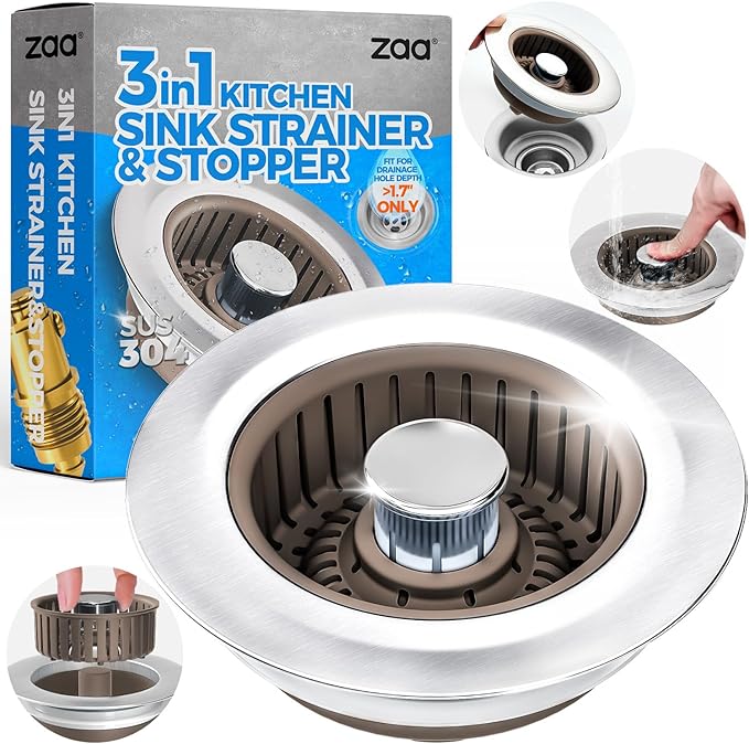 Upgraded 3in1 Kitchen Sink Drain Strainer & Sink Stopper, Stainless Steel