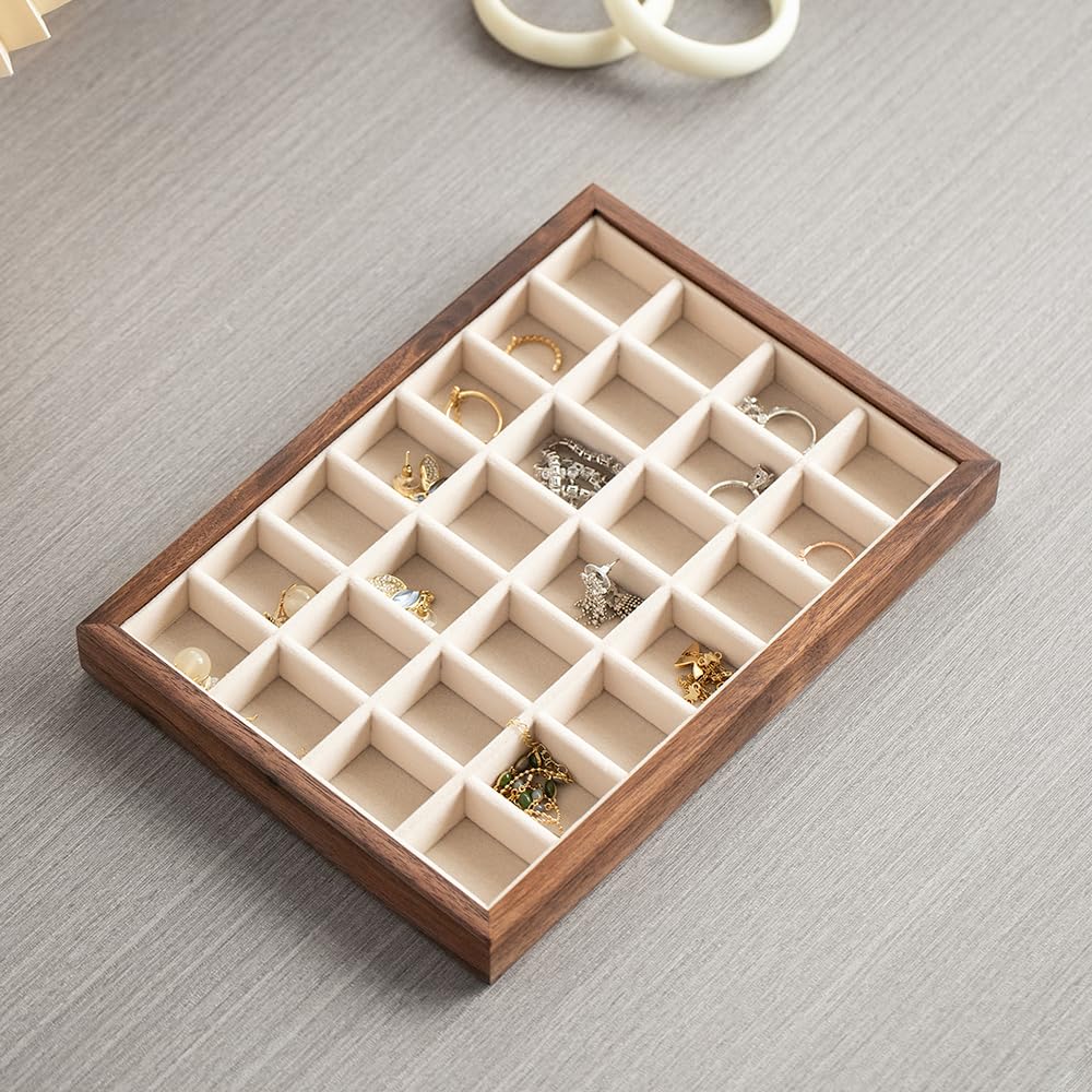 MIGAKU HOME 28-Grid Black Walnut Wooden Jewelry Tray with Velvet Lining, Premium Jewelry Display Tray for Earrings and Rings, Drawer Organizer Display Tray for Women's Jewelry Collection