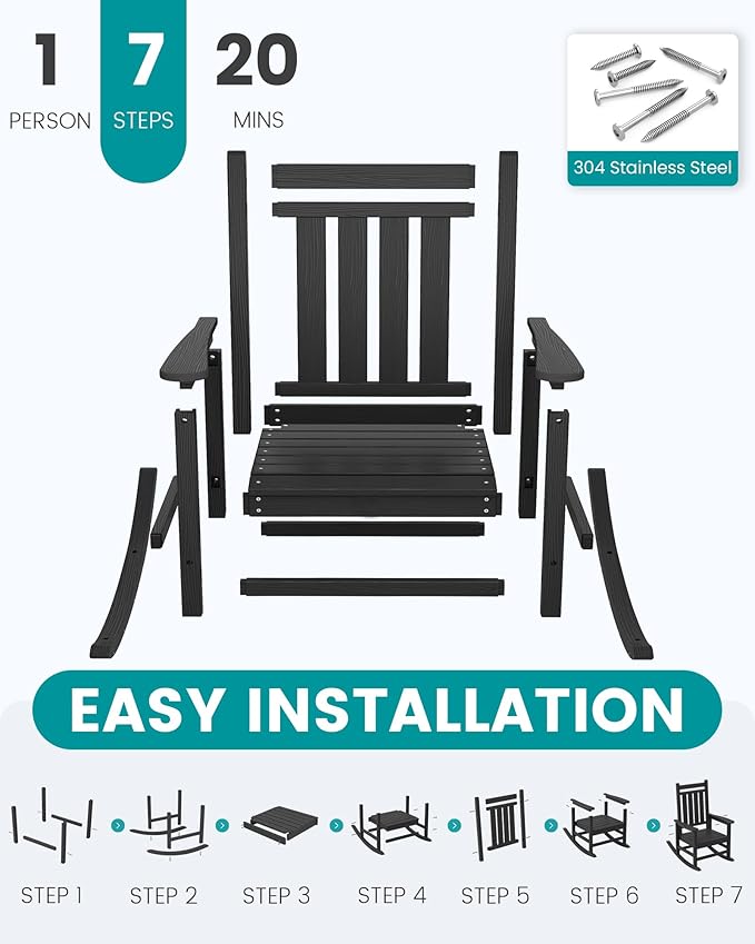 SERWALL Oversized Rocking Chair, Outdoor Rocking Chair for Adults, All Weather Resistant Porch Rocker for Lawn Garden, Black