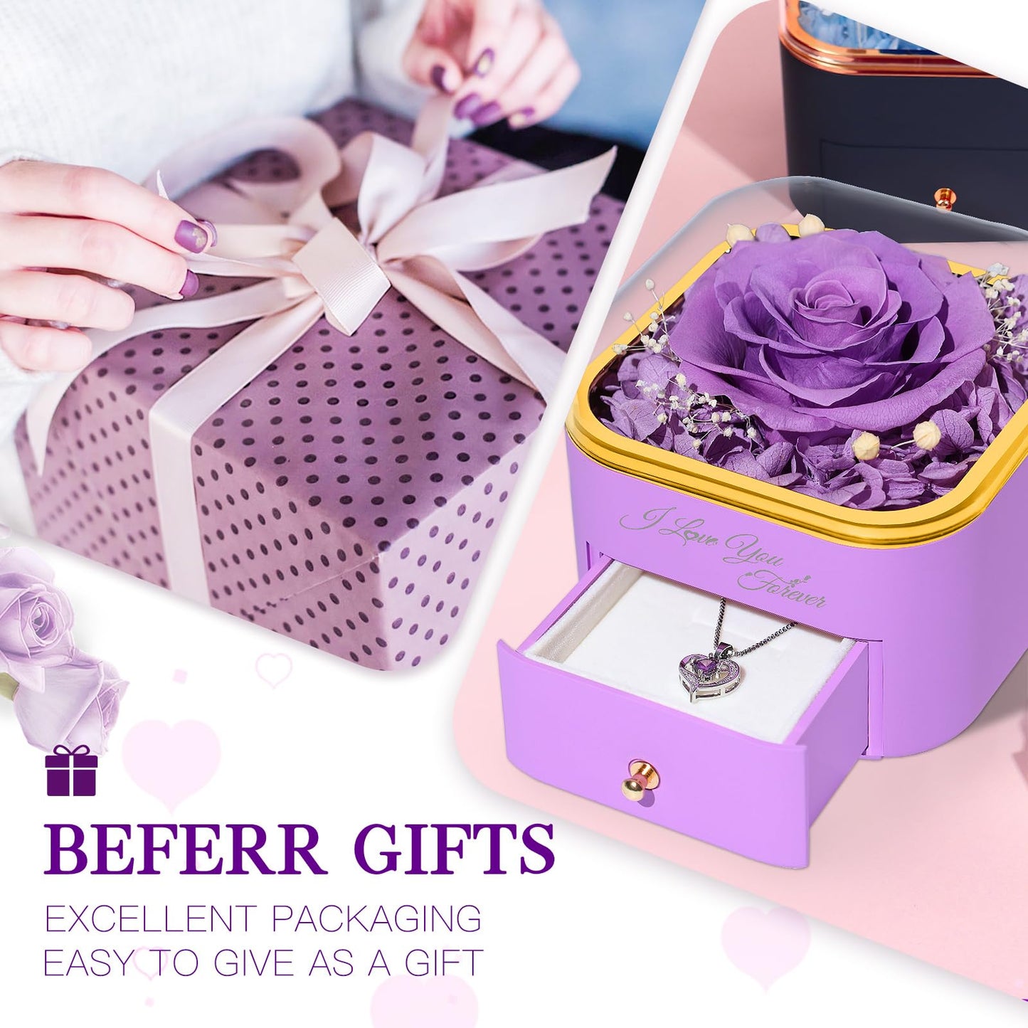 Beferr Valentines Day Gifts for Her Preserved Real Rose with Necklace Eternal Roses Forever Flowers for Delivery Prime Mothers Anniversary Birthday Gifts for Women Mom Grandma Wife Daughter Girlfriend
