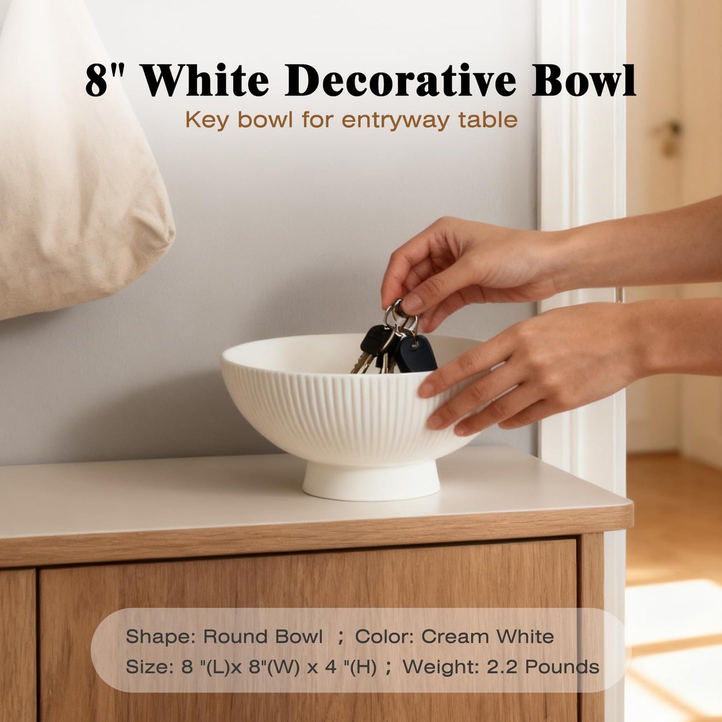 Richtmall Decorative Bowl 8 Inch Fruit Bowl for Kitchen Counter Modern Pedestal Footed Centerpiece Bowl for Coffee Table & Home Decor Fall Catch-All Bowl for Key, Candy, White