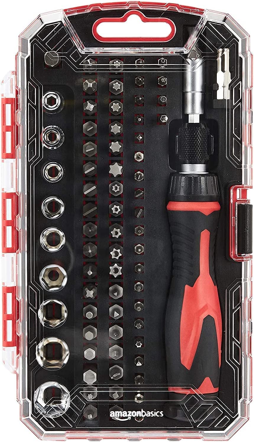 Amazon Basics Magnetic Ratcheting Wrench and Electronics Precision Screwdriver Set, 73 count (Pack of 1), Black, Red, Silver