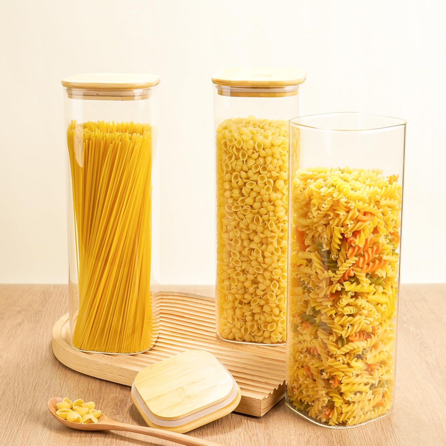 Glass Spaghetti Pasta Storage Container - 3 Pack 2.5 QT Airtight Food Storage Jar Set with Bamboo Lid Labels -Tall Square Kitchen Pantry Canister Organizers for Noodle Cookies Flour Cereal Coffee Bean