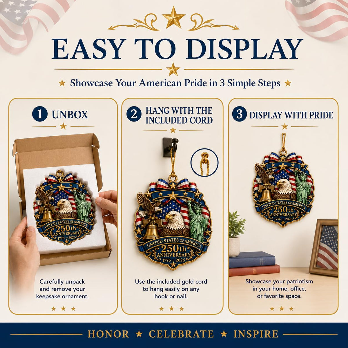 250th Anniversary USA Ornament 1776-2026, Patriotic Acrylic Hanging Ornament, United States 250th Anniversary Decoration with Eagle Liberty Bell Statue of Liberty
