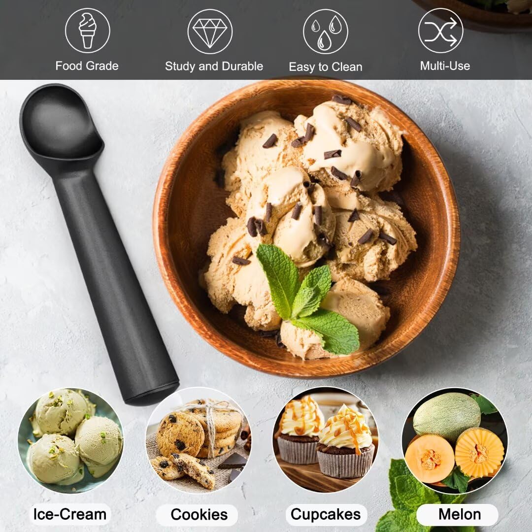 CUNSENR 7 inch Ice Cream Scoop - One-Piece Nonstick Aluminum Ice Cream Scooper - Professional Metal Ice Cream Spoon - Durable, Easy to Use & Clean - Lightweight Cookie Spoon - Scoop Ice Cream (Black)