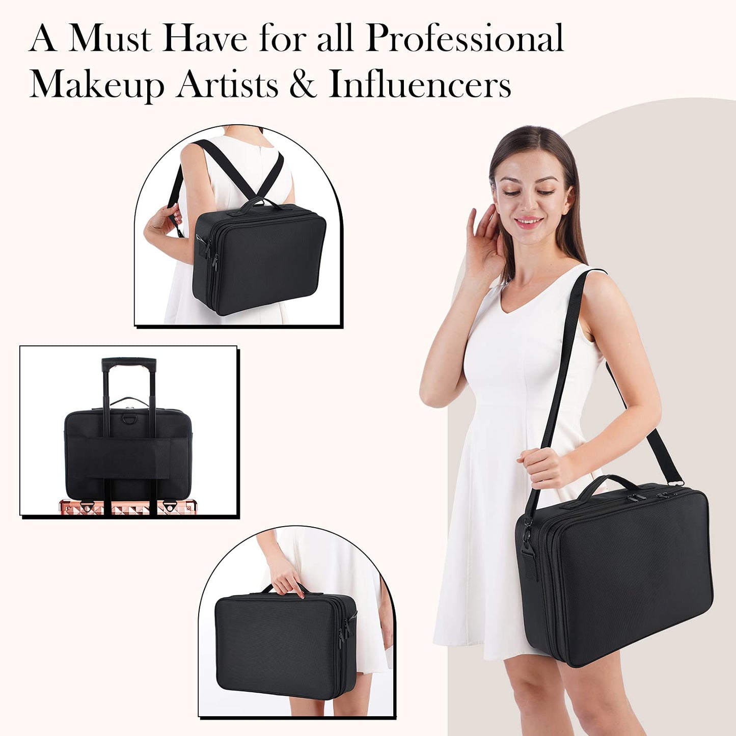 Makeup Bag Extra Large Travel Makeup Bag with Compartment Cosmetic Bags Makeup Organiser Bag Vanity Case Makeup case and Shoulder Strap, Black