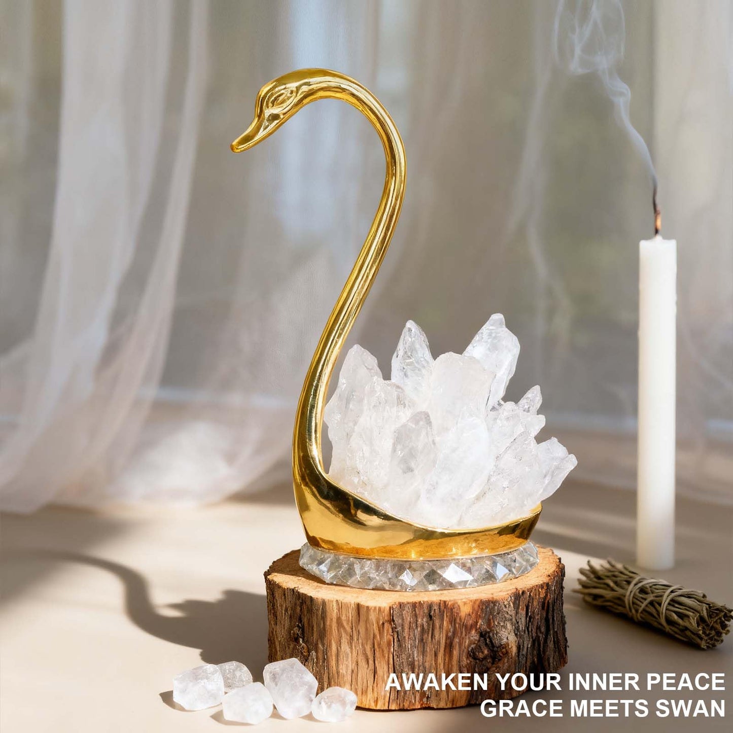 RJINGSHI Crystal Swan Figurine, Natural White, Decorative Ornament for TV Cabinet and Wine Cabinet (Clear Quartz)